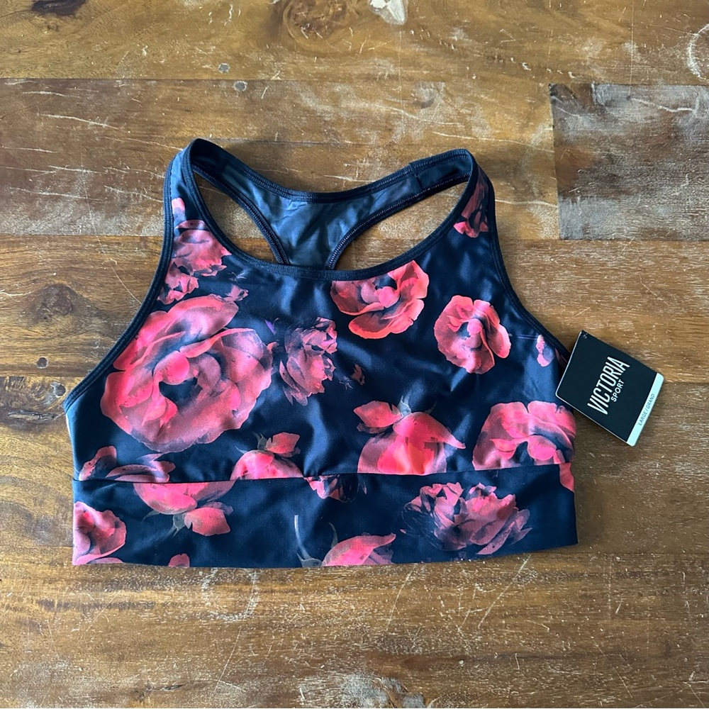 Victoria’s Secret The Player black red floral racer back‎ sports bra size L NWT